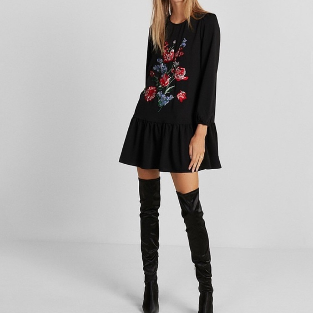 Express Black Dress with Red and Blue Floral Embroidery